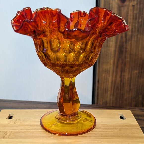 Vtg Fenton Amberina Ruffled Thumbprint Pedestal Compote / Candy Dish - Picture 2 of 5